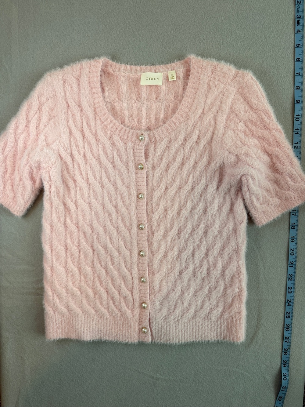 Cyrus Light Pink Short-Sleeve Cable Knit Cardigan with Pearl Buttons